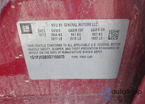 2013 Chevrolet Cruze Eco Manual z USA, uszkodzony, nr VIN 1G1PJ5SB3D7169975